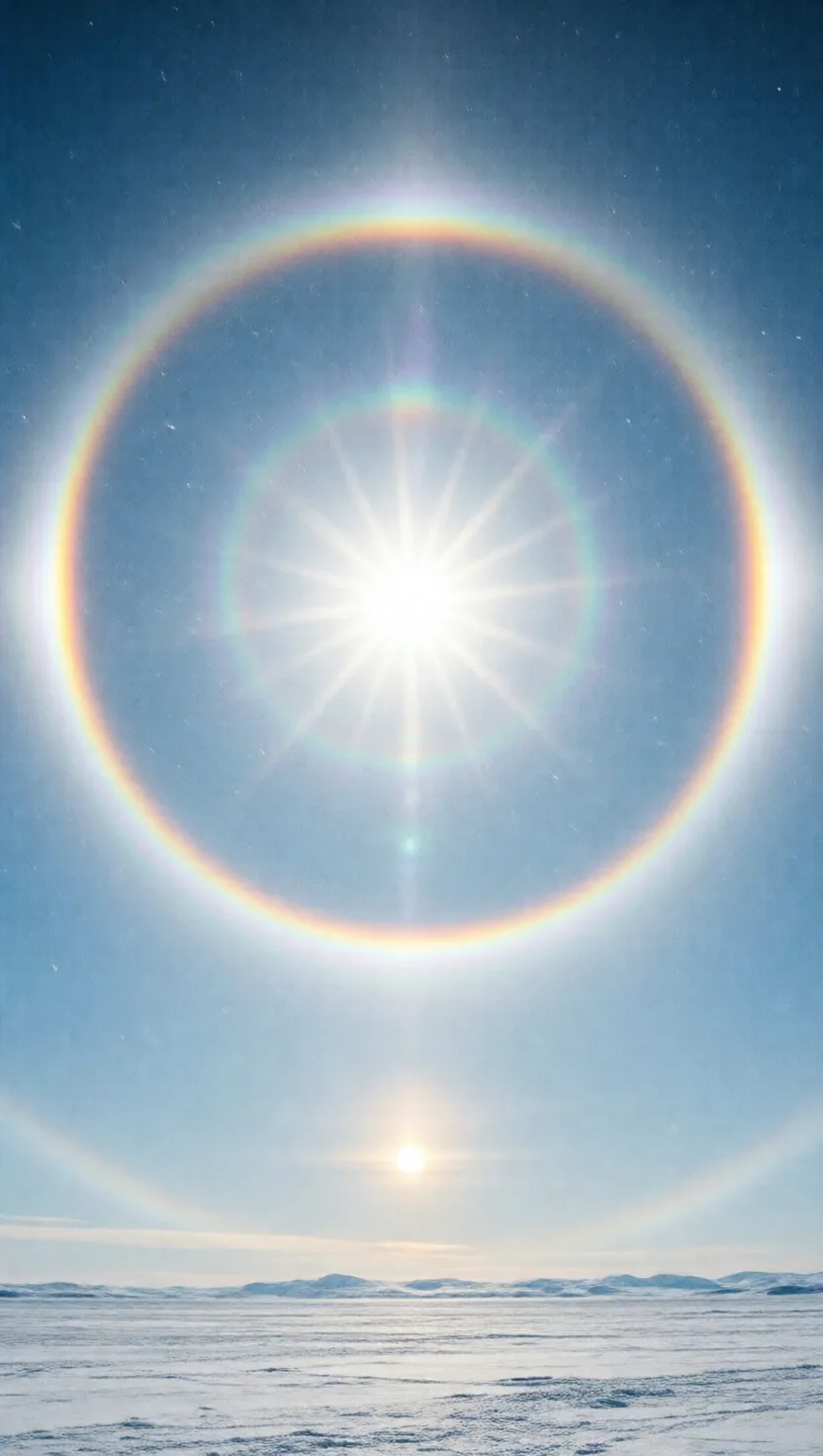 晴れた空から氷が降り、太陽に輪をかける