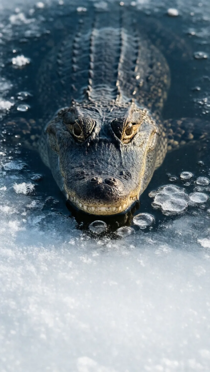 Frozen in the pond, snout poking through ice