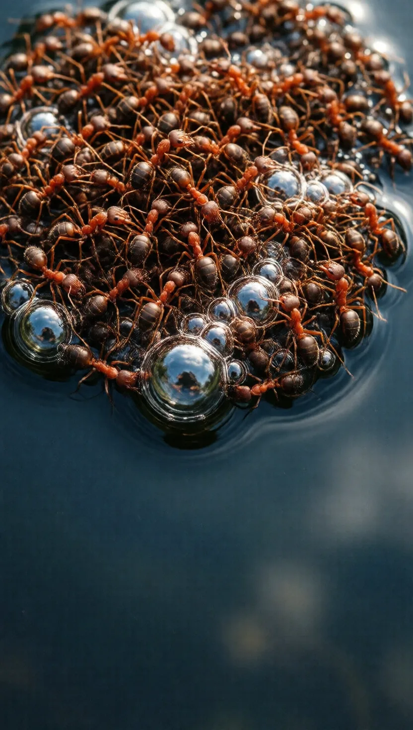 Dropped in a flood, they link into a weeks-long raft