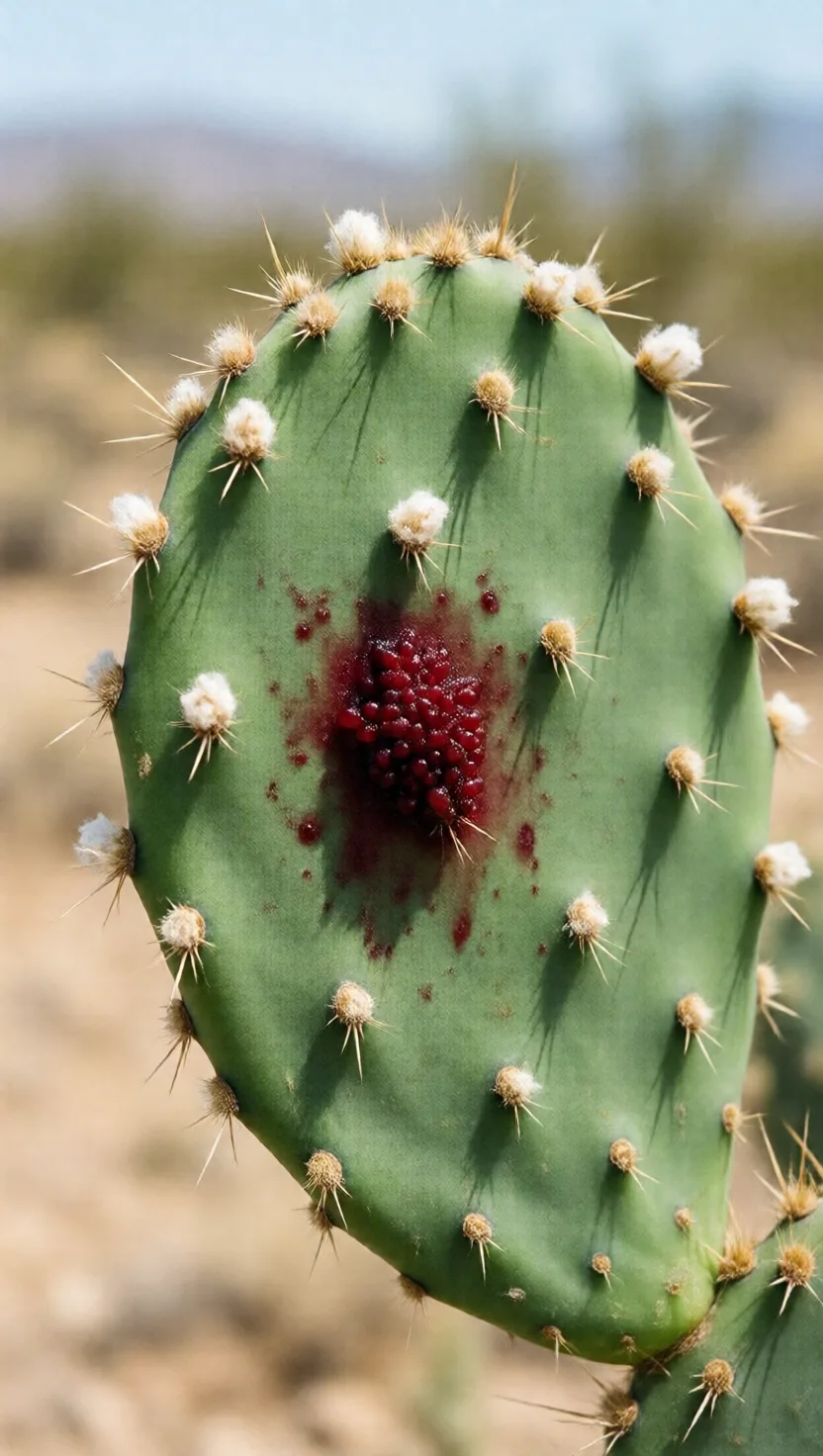 A red dye hides in bugs on this cactus pad