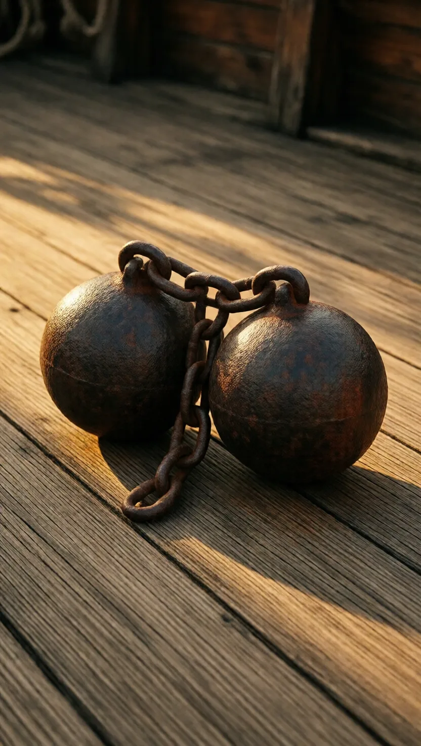 Two balls and a chain, fired to slice the sails