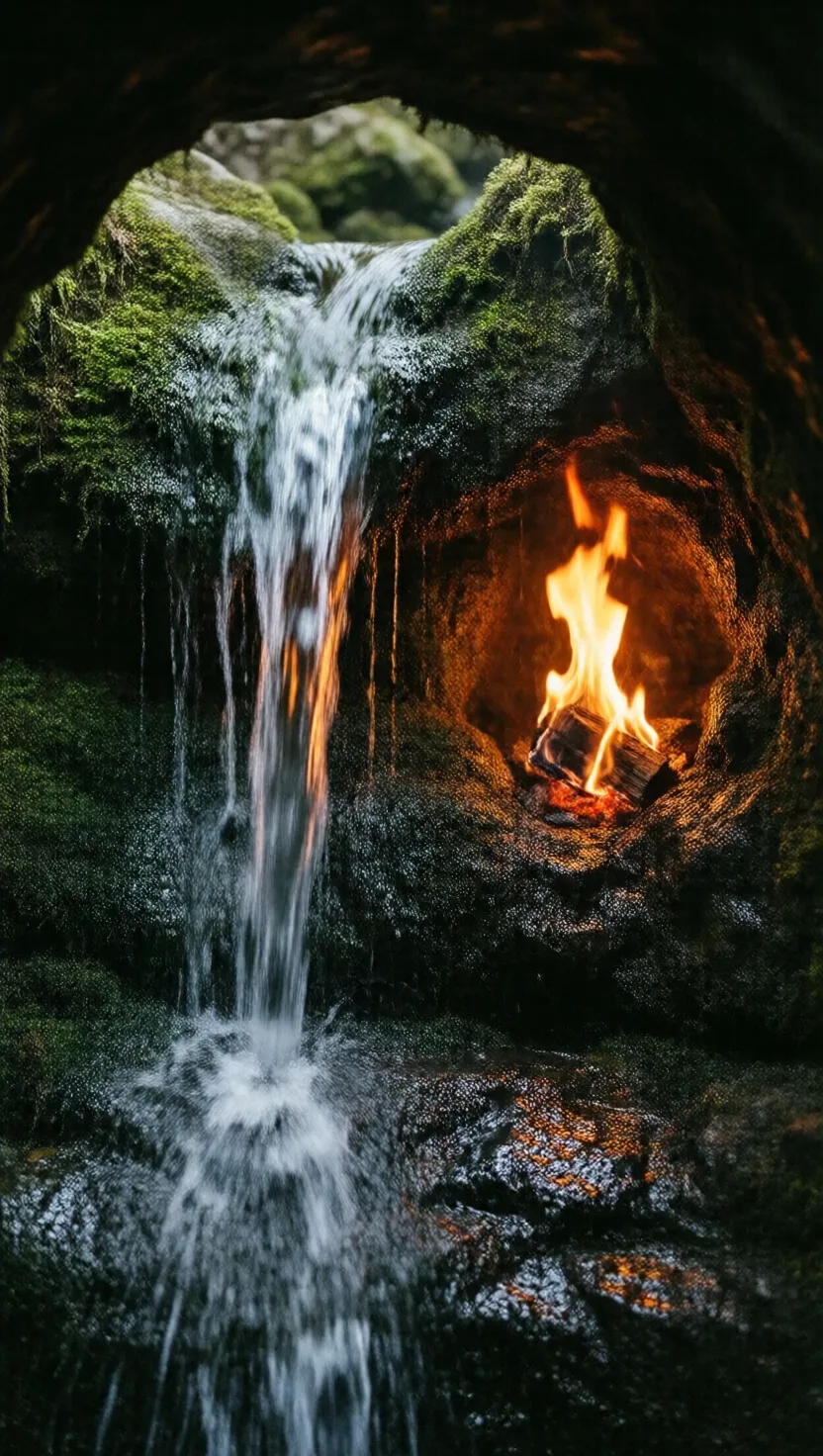 A flame burns inside this waterfall, almost always lit