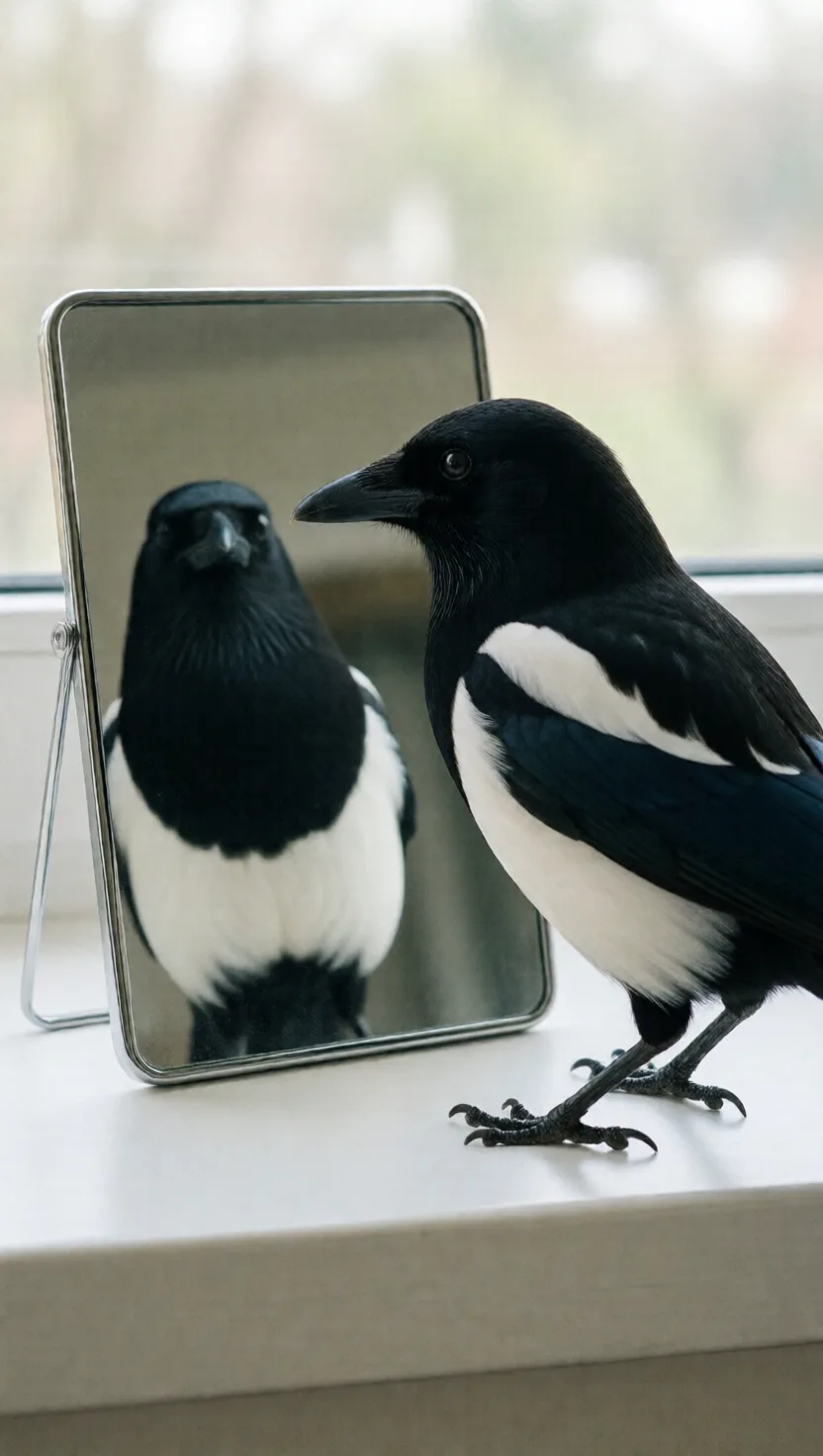 A magpie checks a mark in the mirror