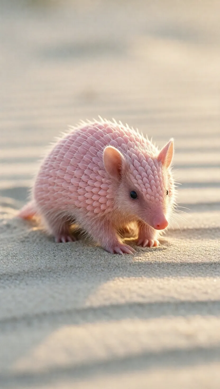 A 10 cm armadillo whose shell blushes pink with blood