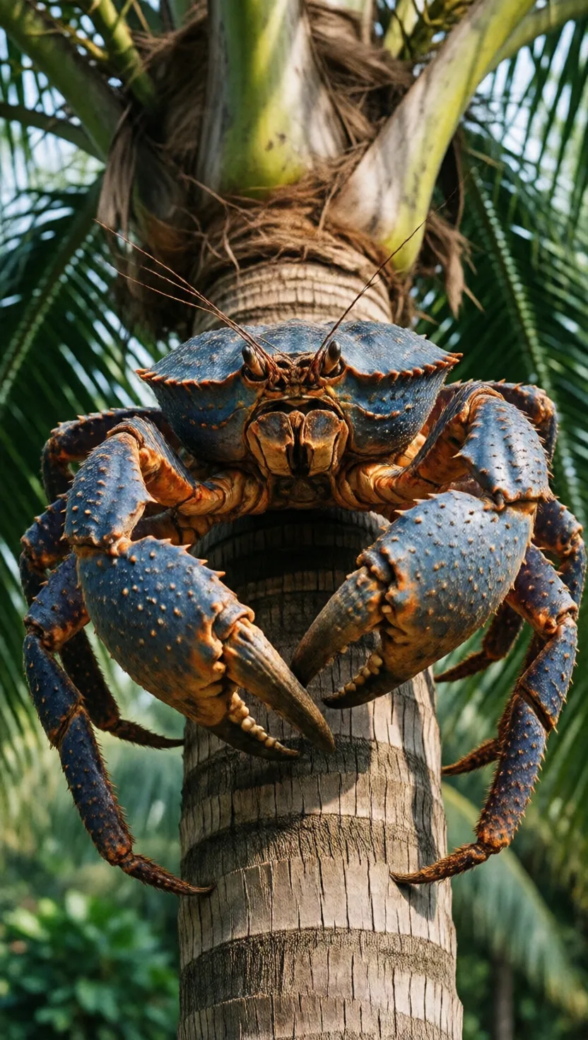 The biggest land crab climbs palms and cracks coconuts