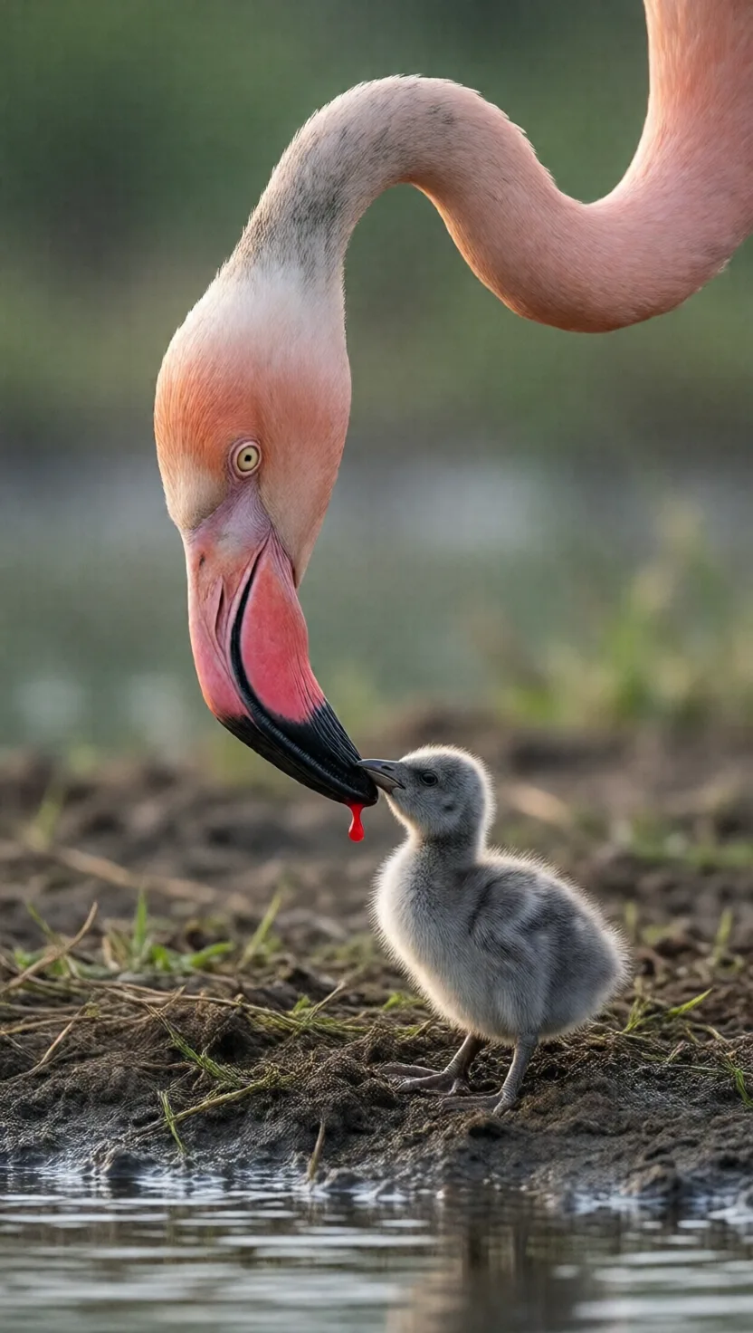 Flamingo parents feed chicks bright red milk