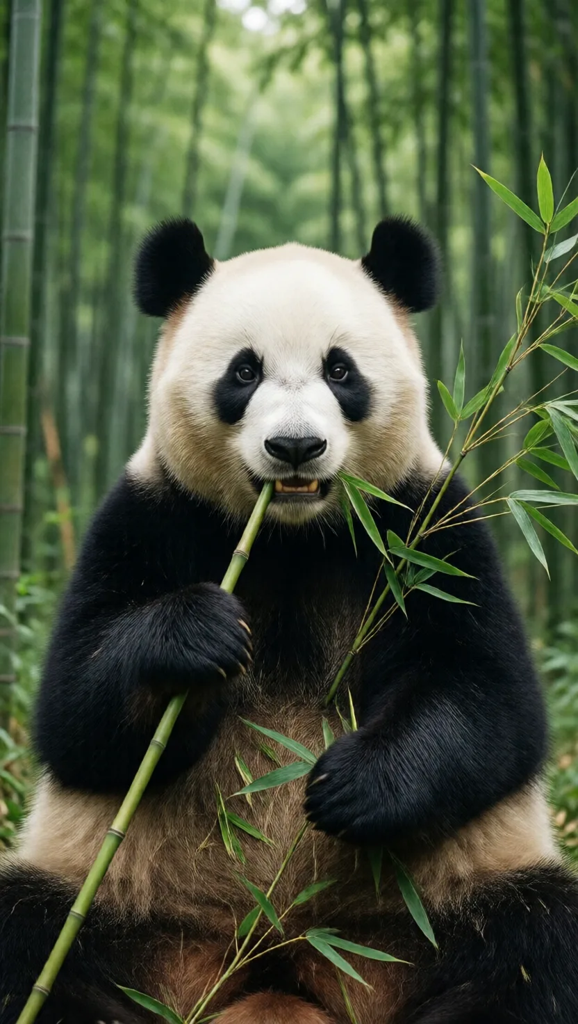 A panda grips bamboo with a fake sixth thumb