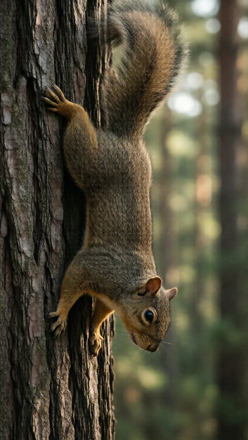 A squirrel comes down a trunk head-first