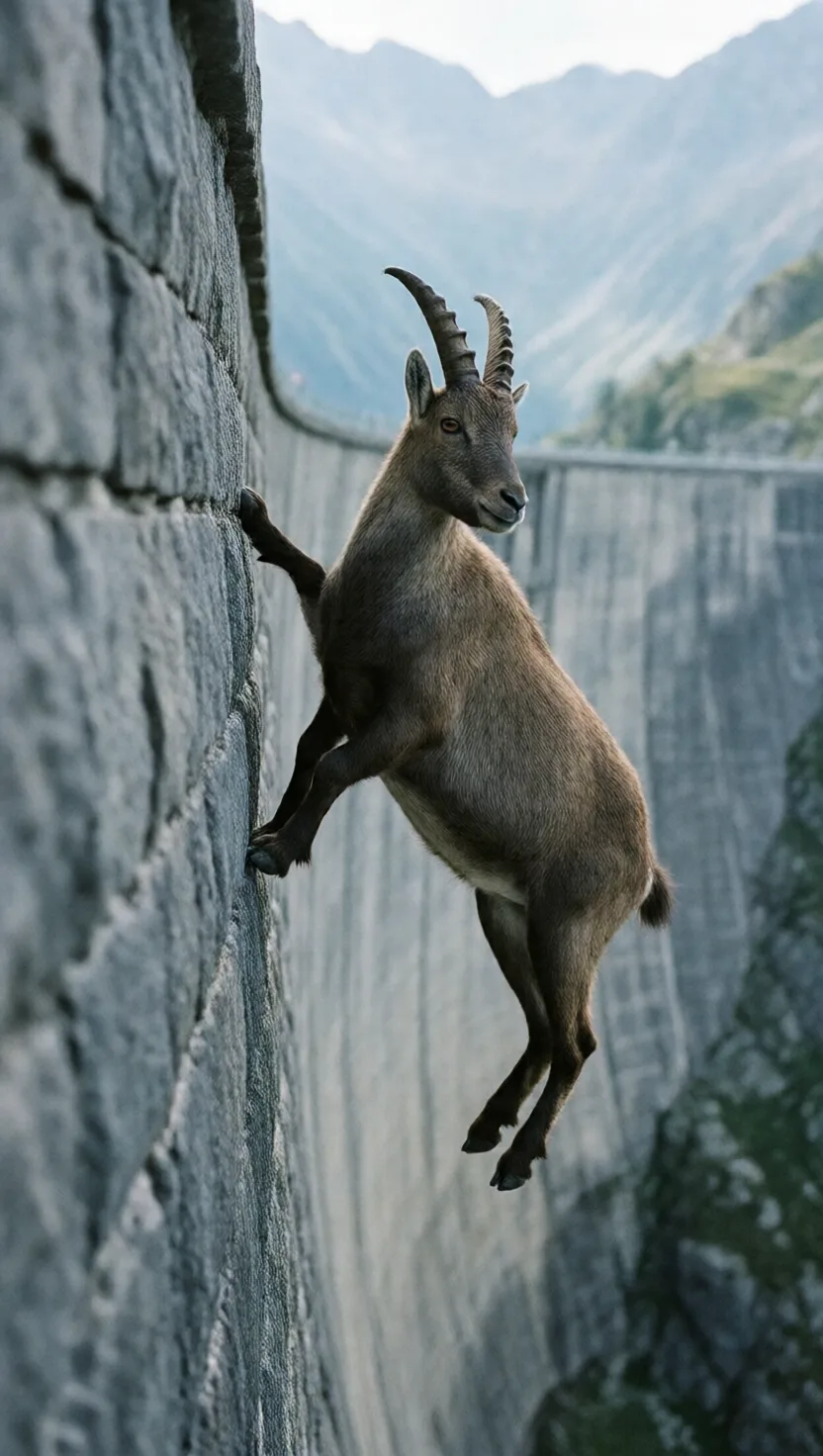 Alpine ibex scale a sheer dam to lick its salts