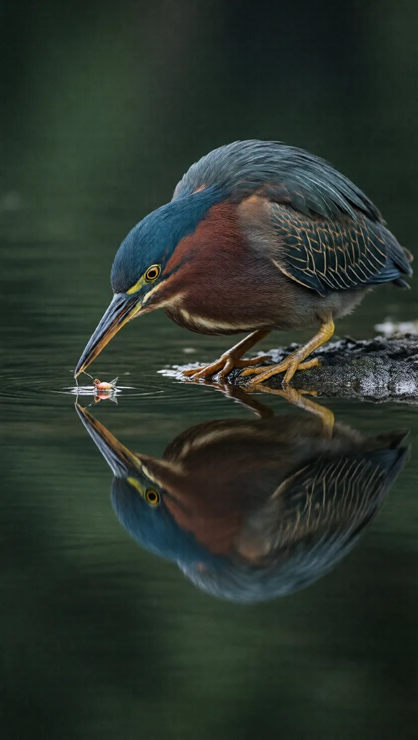The green heron drops bait to lure fish up