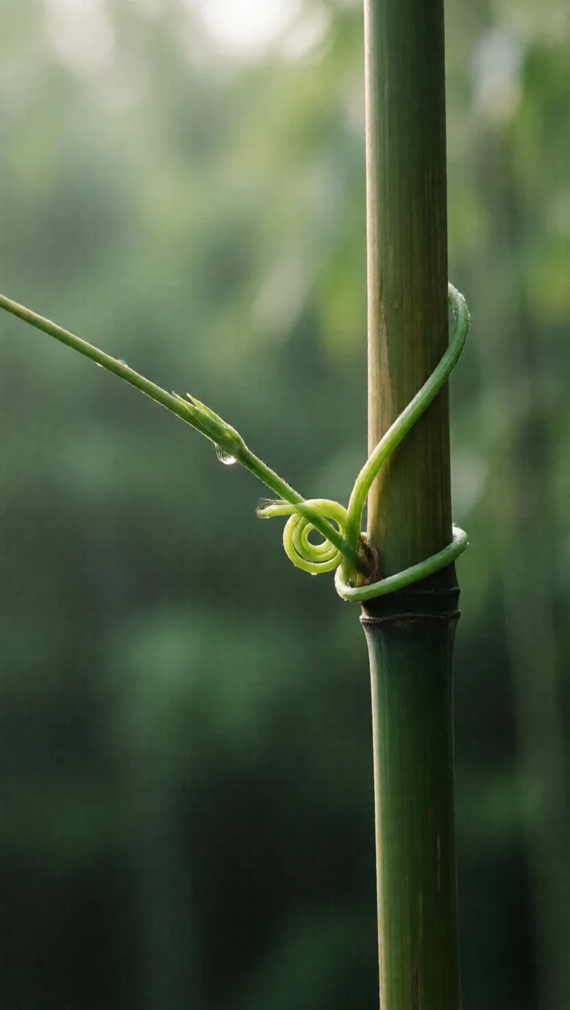 A tendril feels a twig and grabs it within minutes