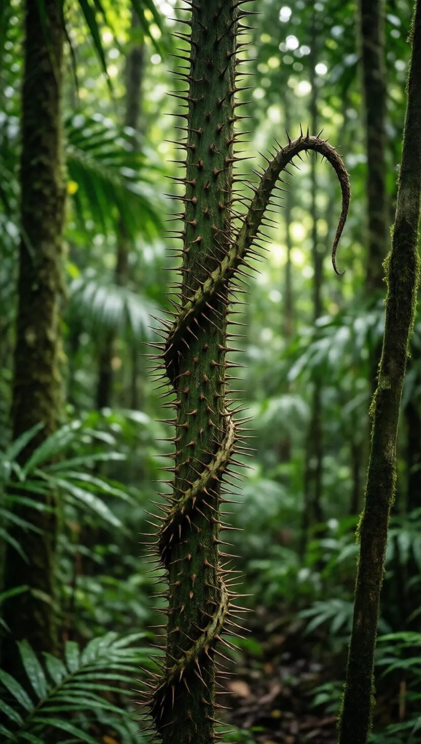 Rattan climbs on hooks and grows the world's longest stems