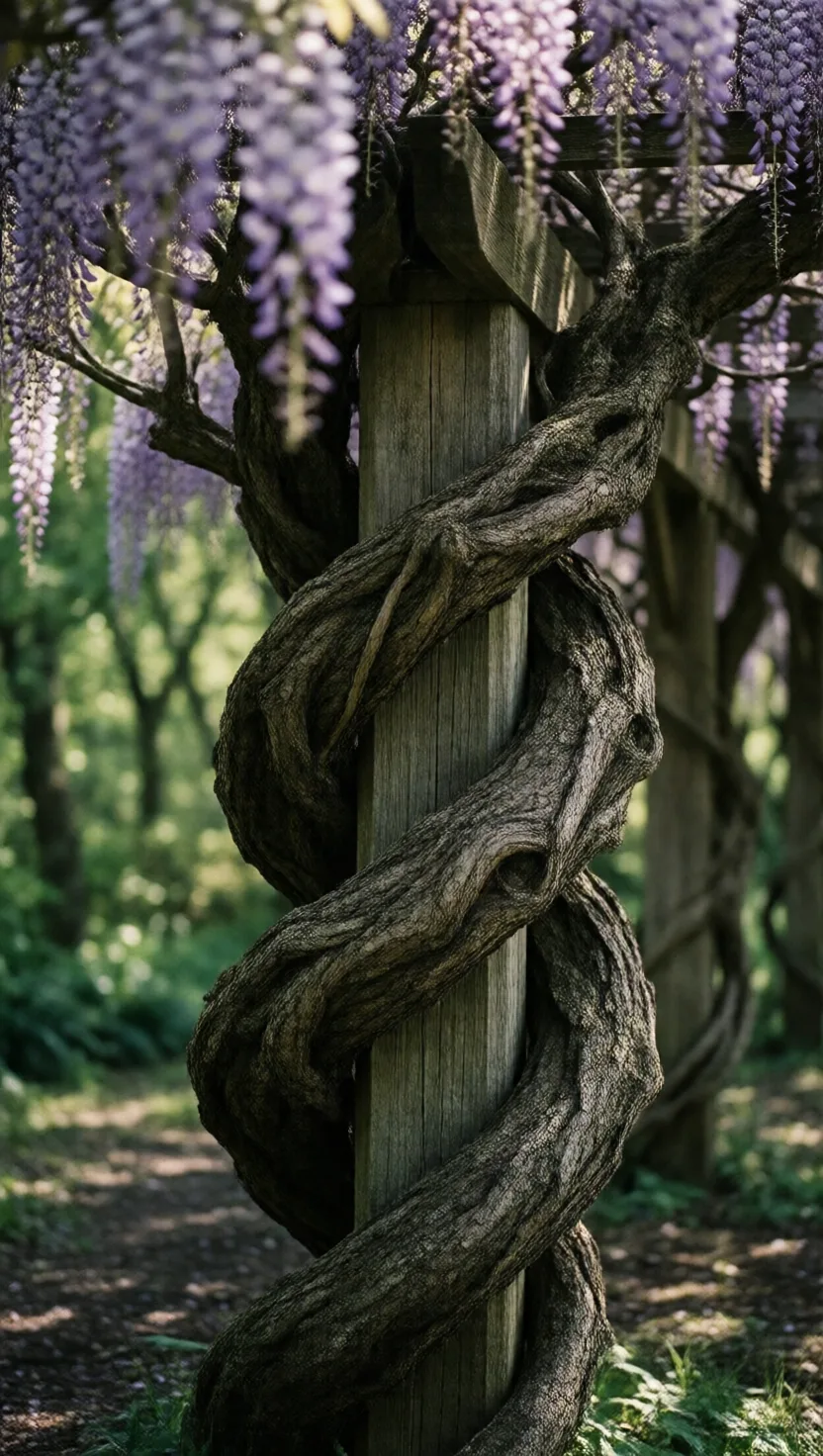 Aging wisteria thickens into trunks that crush their frame