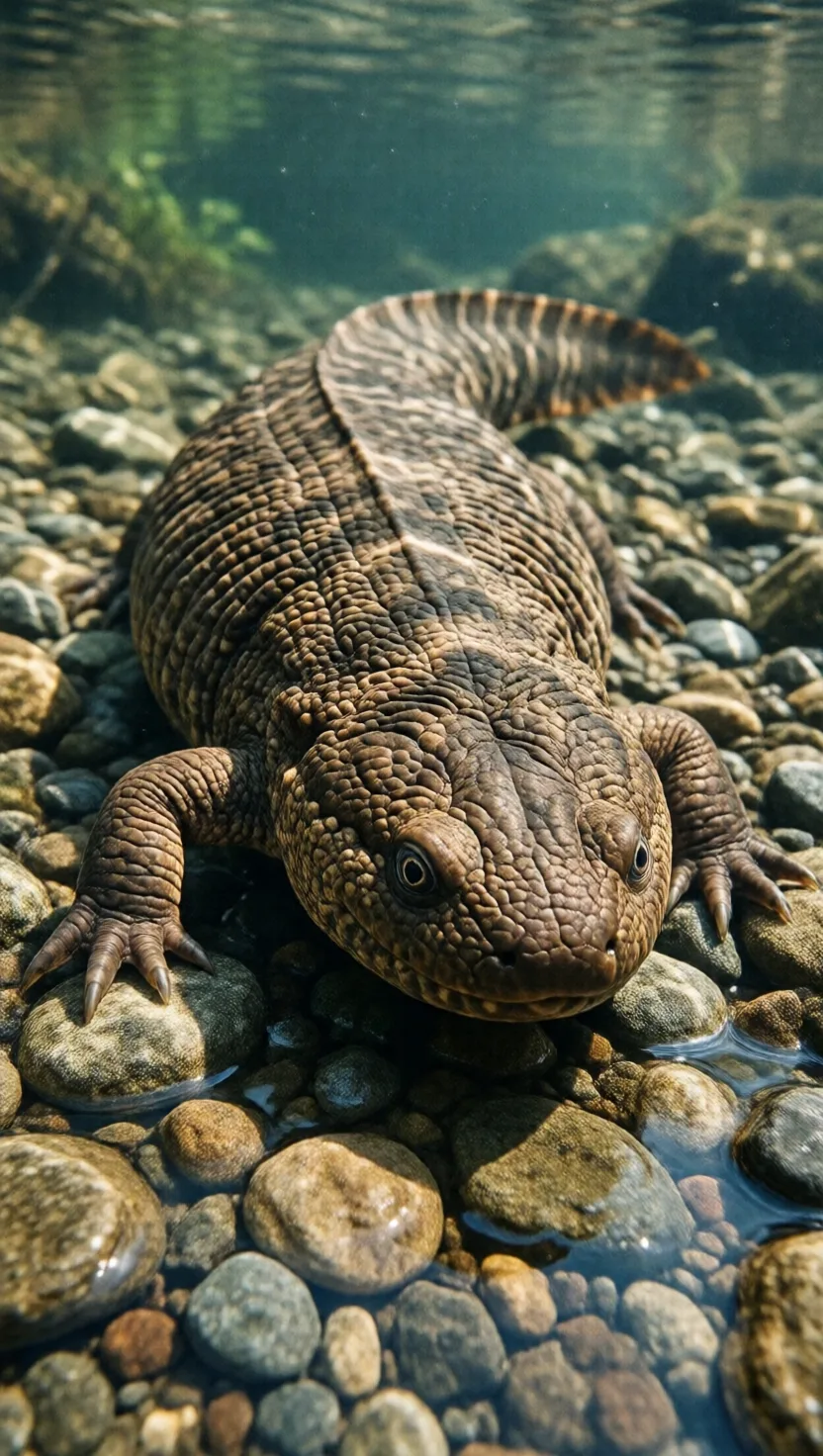 The hellbender breathes through baggy folds of skin