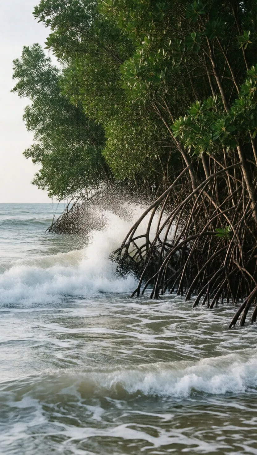 A belt of mangrove roots can swallow a wave