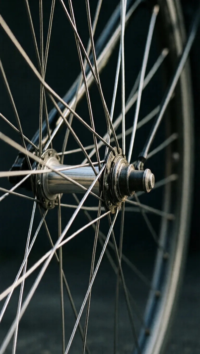 A bicycle's hub hangs from the spokes above it