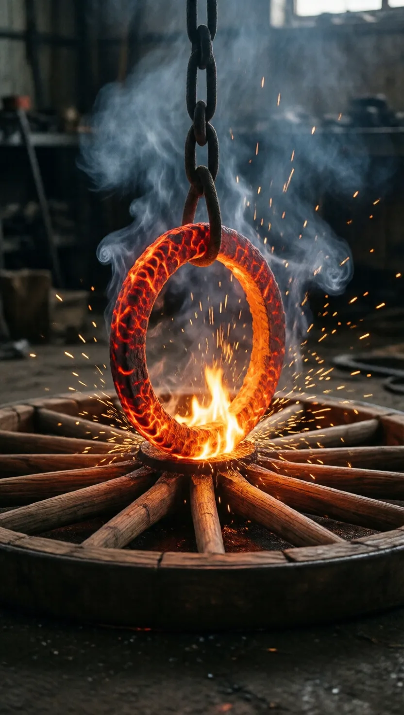 A wheel's iron rim was put on red-hot, then shrunk