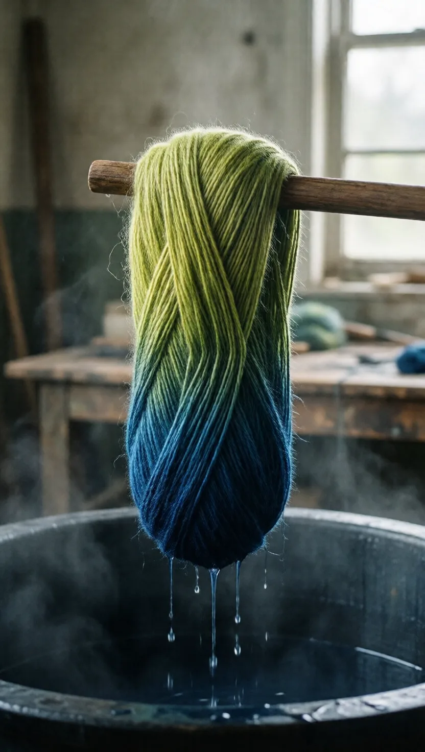 This dye is yellow in the vat — air turns it blue