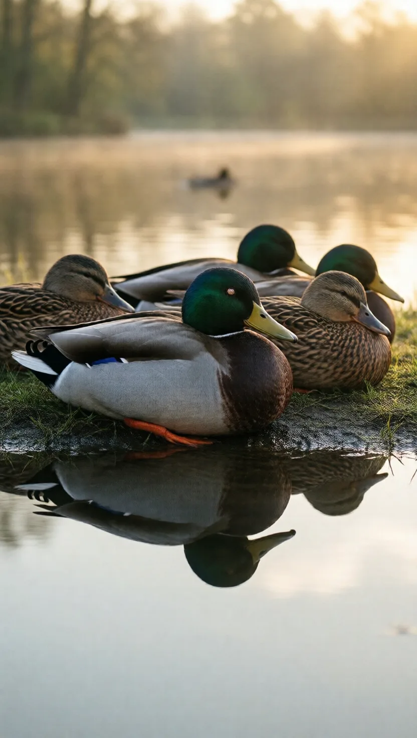 Ducks at the end of the row sleep half-awake