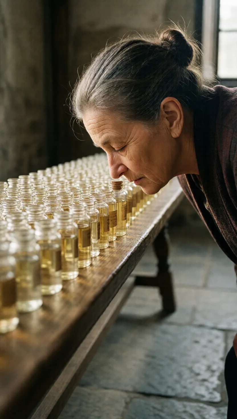 Sixty open vials, and she re-smells them all