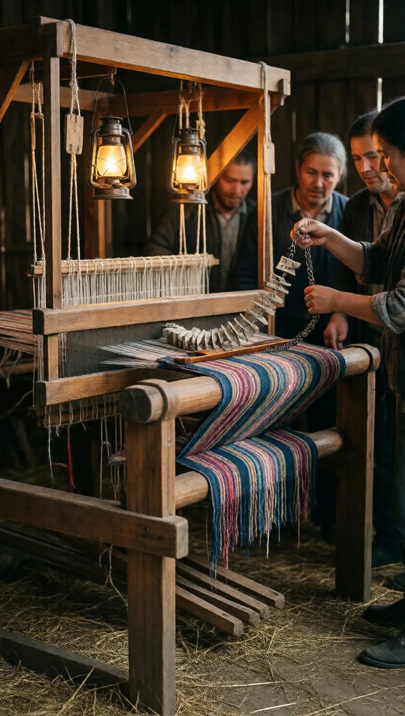 She swaps a chain of punched cards — the cloth changes