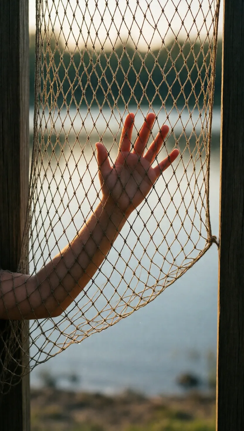 Her whole hand slides through the mesh